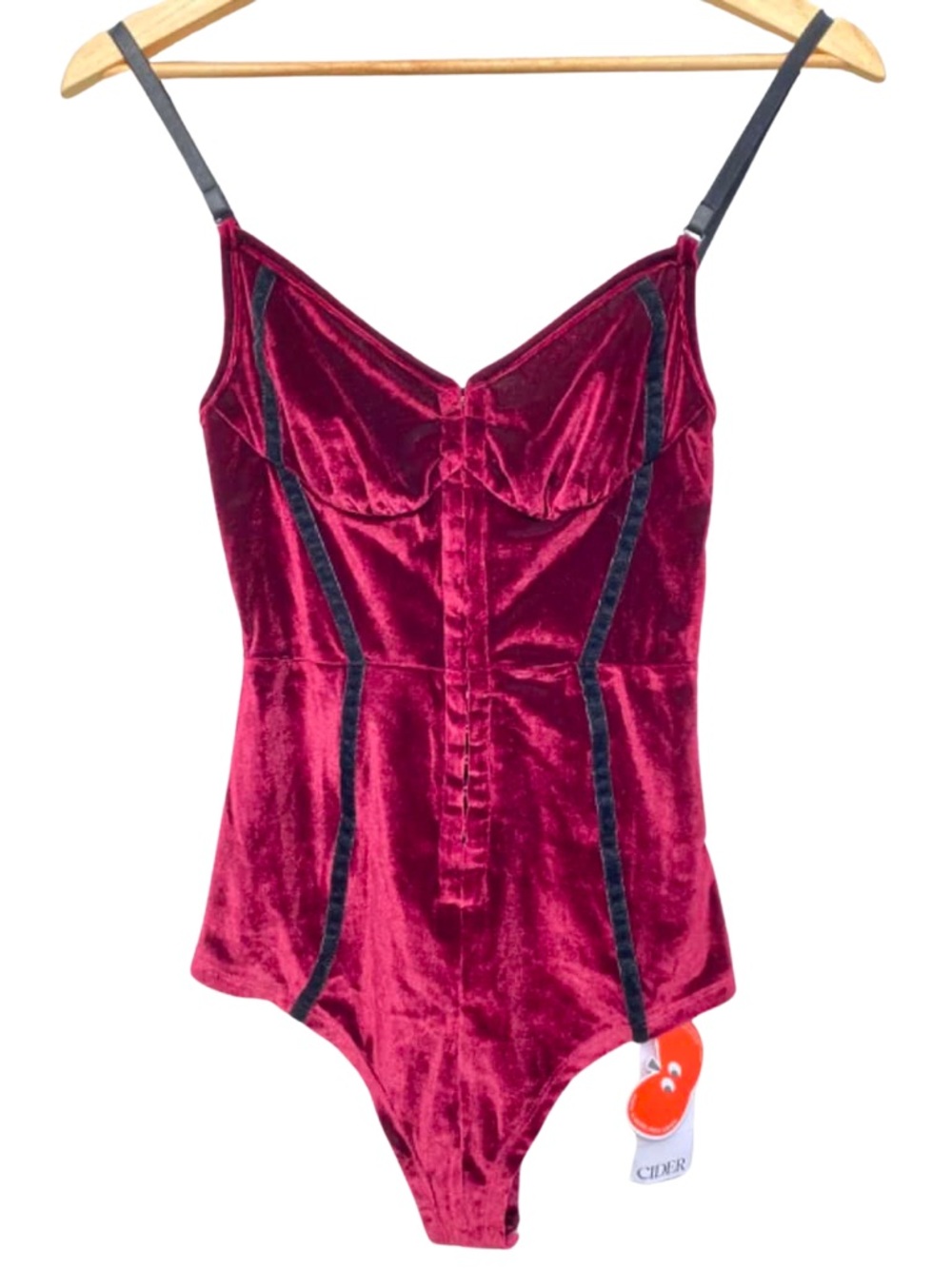 Cider Burgundy Velvet Bodysuit with Black Accents